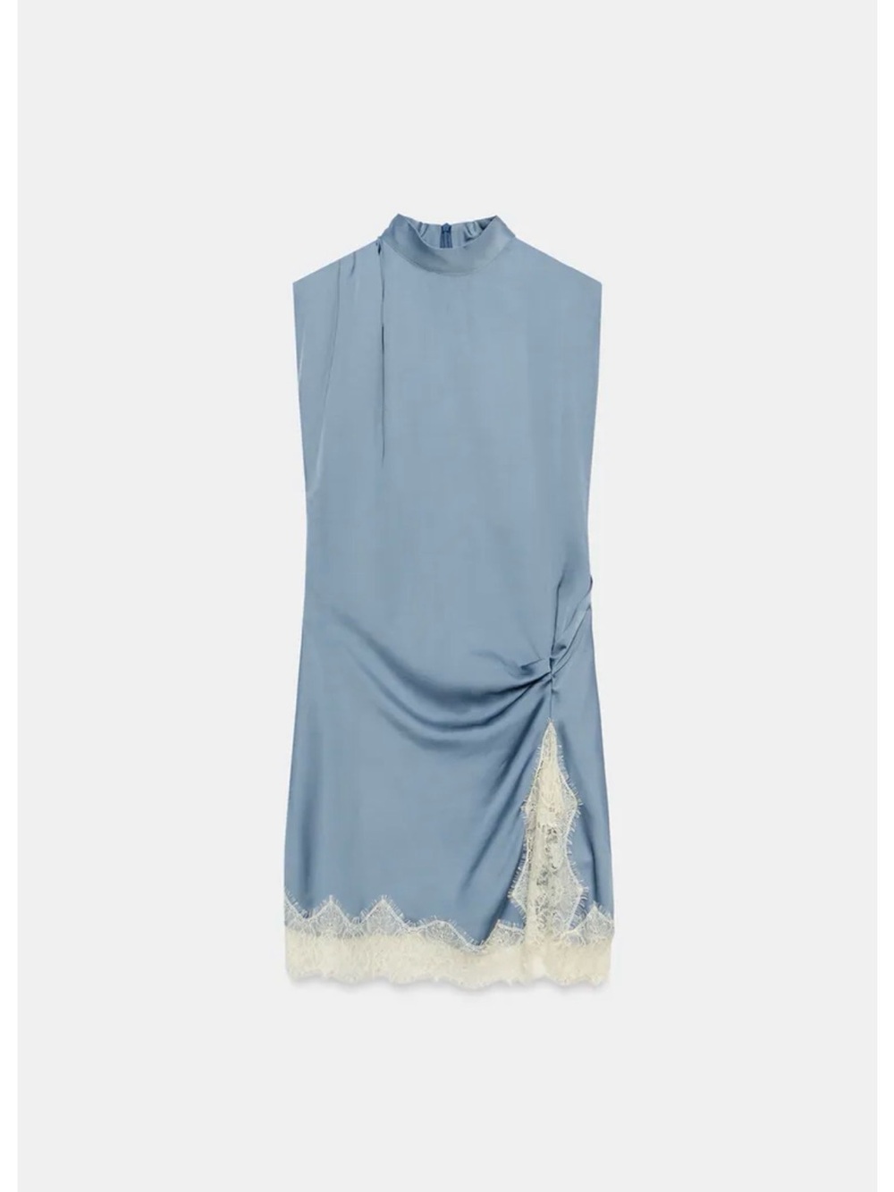 Zara Satin Lace Dress - Light Blue Mini Dress with Cream Lace Trim